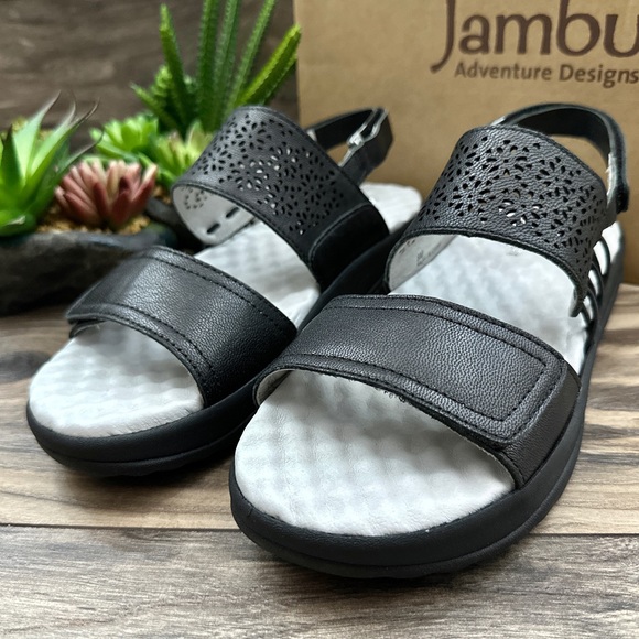 NIBNIB Jambu Alba Slingback Rocker Platform Sandal Black Leather - Picture 3 of 14